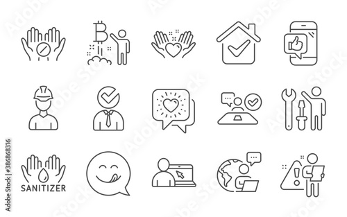 Bitcoin project, Vacancy and Online education line icons set. Yummy smile, Hold heart and Medical tablet signs. Friends chat, Job interview and Repairman symbols. Line icons set. Vector