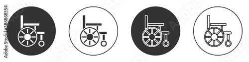 Black Wheelchair for disabled person icon isolated on white background. Circle button. Vector.