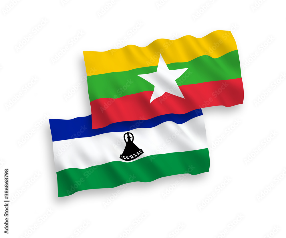 Obraz premium Flags of Lesotho and Myanmar on a white background