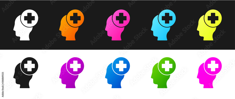 Set Male head with hospital icon isolated on black and white background. Head with mental health, healthcare and medical sign. Vector. Set Male head with hospital icon isolated on black and white background. Head with mental health, healthcare and medical sign. Vector.