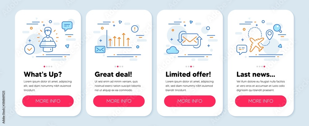 Set of Business icons, such as Brand ambassador, Refresh mail, Growth chart symbols. Mobile screen app banners. Airplane line icons. Man speak, New e-mail, Upper arrows. Plane. Vector