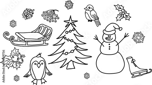 Fototapeta Naklejka Na Ścianę i Meble -  snowman, Christmas tree, penguin, figure skates doodl
