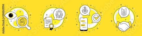 Documents, Group and Startup line icons set. Licence, cell phone and deal vector icons. Shoulder strap sign. Office file, Managers, Innovation. Star rank. Education set. Vector