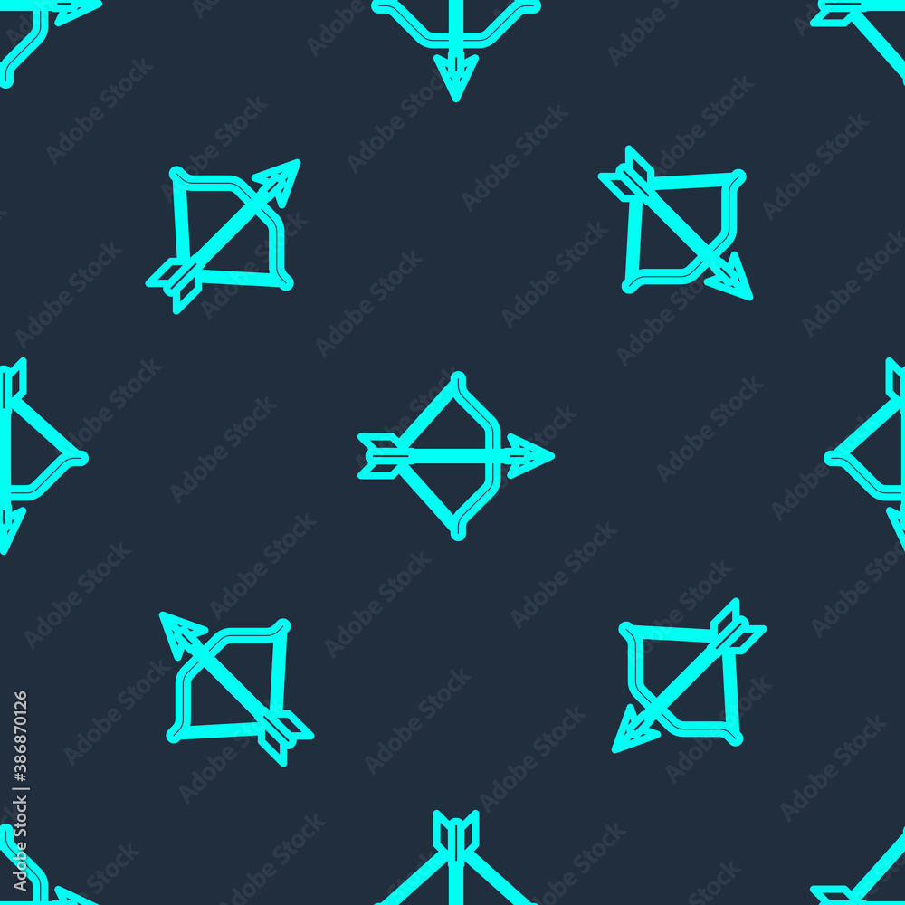 Green line Medieval bow and arrow icon isolated seamless pattern on blue background. Medieval weapon. Vector. Green line Medieval bow and arrow icon isolated seamless pattern on blue background. Medieval weapon. Vector.
