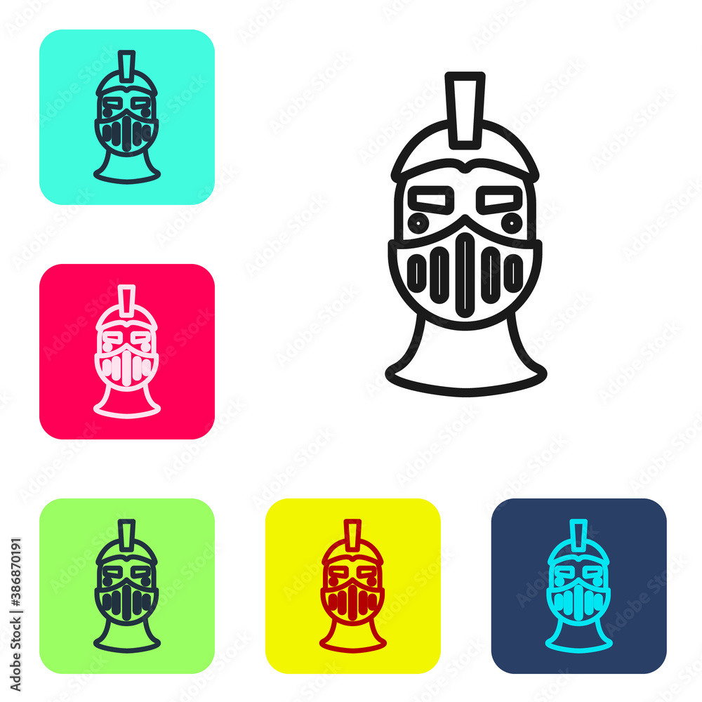 Black line Medieval iron helmet for head protection icon isolated on white background. Set icons in color square buttons. Vector. Black line Medieval iron helmet for head protection icon isolated on white background. Set icons in color square buttons. Vector.