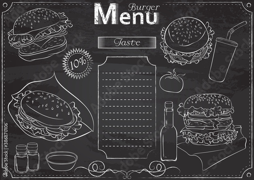 Vector template with burger elements for menu stylized as chalk drawing on chalkboard.Design for a restaurant, cafe or bar. Fast food menu