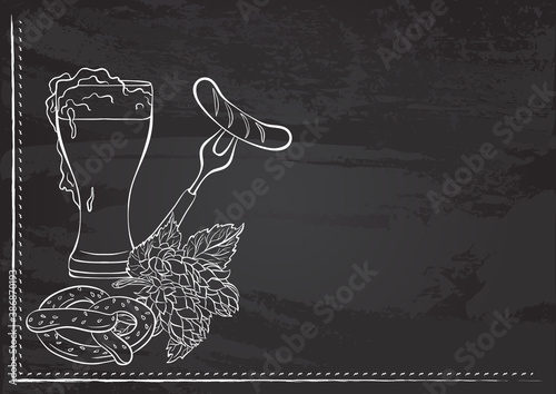 Vector template with still life with a glass of beer, pretzel and sausage stylized as chalk drawing on chalkboard. Design for a restaurant, cafe or bar. Elements of the Oktoberfest beer festival.
