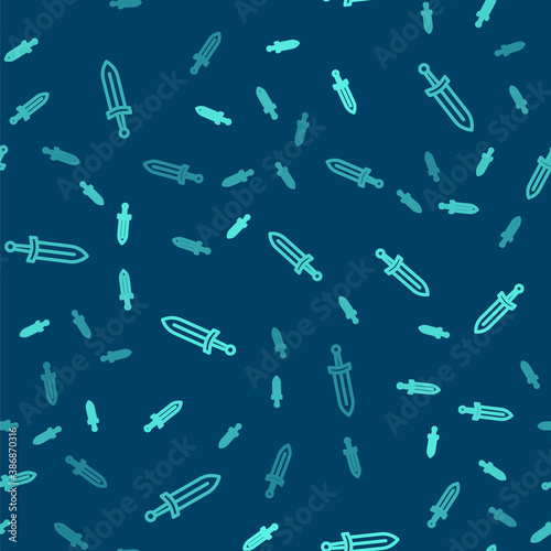 Green line Medieval sword icon isolated seamless pattern on blue background. Medieval weapon. Vector.