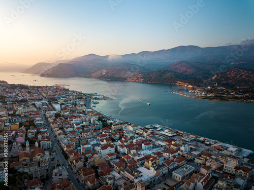 Drone's view of a coastal city Argostoli, the capital of Kefalonia island