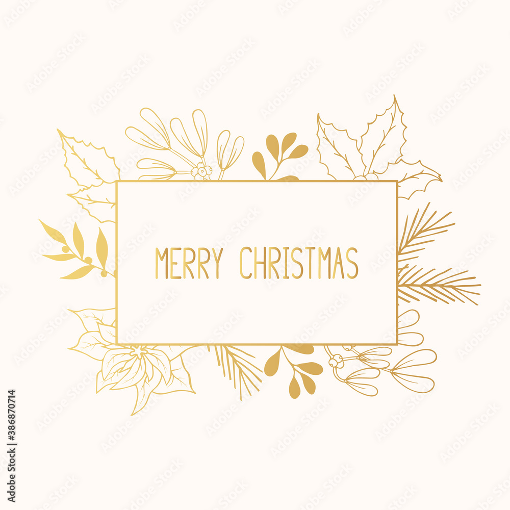 Merry Christmas golden frame with lettering, holly, mistletoe, coniferous, pine, fir branches. Gold holiday border for greeting cards. Vector isolated festive flourish banner for xmas designs.