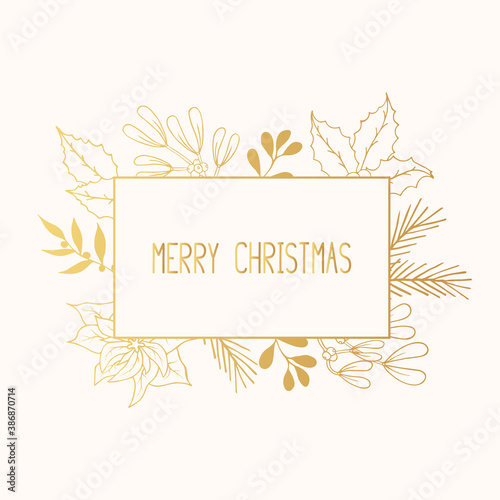 Merry Christmas golden frame with lettering, holly, mistletoe, coniferous, pine, fir branches. Gold holiday border for greeting cards. Vector isolated festive flourish banner for xmas designs.