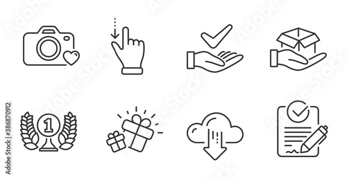 Hold box, Touchscreen gesture and Rfp line icons set. Cloud download, Photo camera and Laureate award signs. Gift, Dermatologically tested symbols. Quality line icons. Hold box badge. Vector
