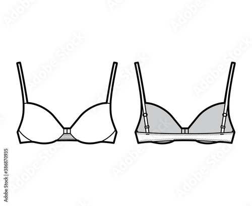Bra front closure lingerie technical fashion illustration with full adjustable shoulder straps, molded cups. Flat brassiere template front back white color style. Women men unisex underwear CAD mockup