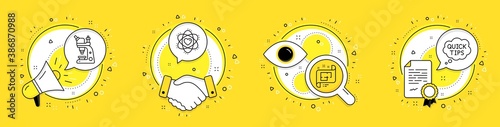 Architectural plan, Microscope and Atom line icons set. Megaphone, licence and deal vector icons. Quick tips sign. Technical project, Chemistry laboratory, Electron. Helpful tricks. Vector