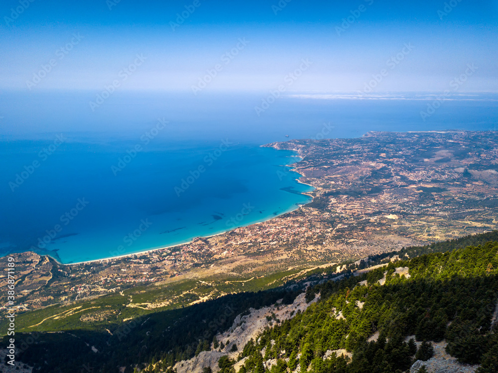 Panoramic view over Kefalonia and seascape from the mountain top Mount Ainos