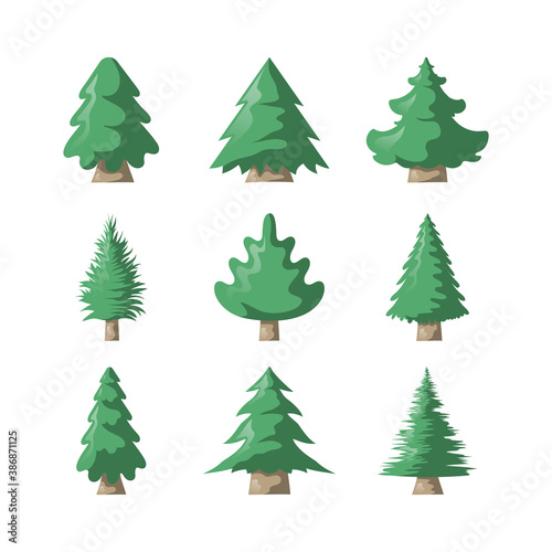 Set of green Christmas trees. Vector isolated colorful icon collection of evergreen spruce fir silhouettes.