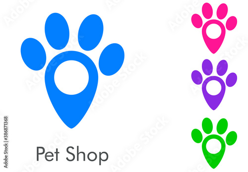 Tienda de mascotas. Logotipo pisada de perro en puntero en varios colores