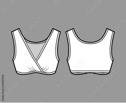 Sleep Bra lingerie technical fashion illustration with gathered surplice, wide shoulder straps. Flat sport brassiere template front, back white color style. Women men unisex underwear CAD mockup