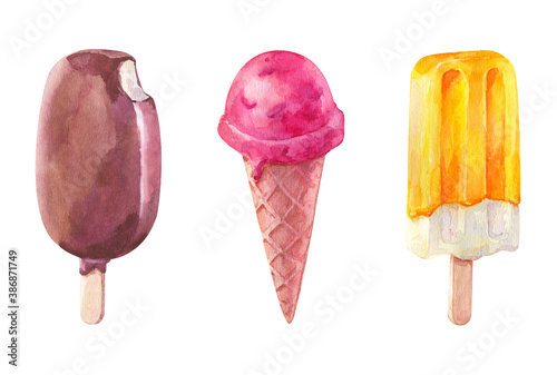 Ice cream set. Watercolor hand drawn illustration isolated on white background