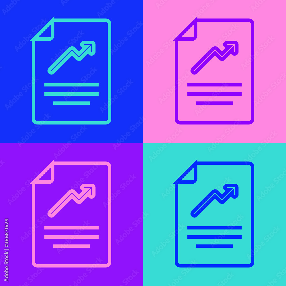 Pop art line Document with graph chart icon isolated on color background. Report text file icon. Accounting sign. Audit, analysis, planning. Vector. Pop art line Document with graph chart icon isolated on color background. Report text file icon. Accounting sign. Audit, analysis, planning. Vector.