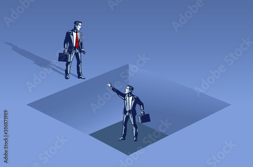 Businessman Ready to Help Colleague Who Fall in Deep Hole. Business Illustration Concept of Partnership in Bad and Good Situation