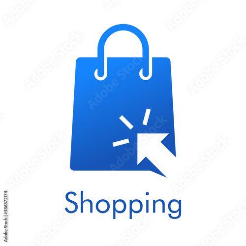 Símbolo de tienda en línea. Logotipo con texto Shopping con bolsa de la compra con flecha de cursor en color azul
