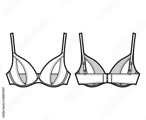 Peephole Bra lingerie technical fashion illustration with adjustable shoulder straps, Underwire, hook-and-eye closure. Flat template front back white color style. Women men unisex underwear CAD mockup