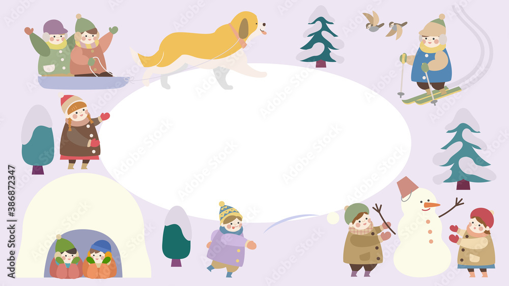 Fototapeta premium 冬の日の子供たちフレーム