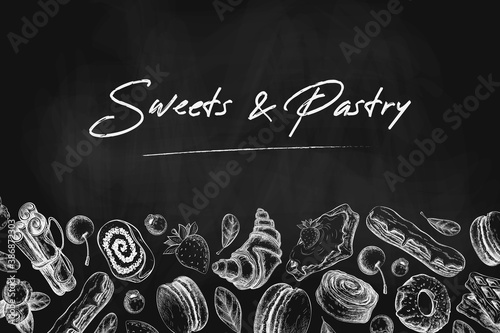 chalk bakery or pastry banner, background, frame or card template on black chalkboard. vector illustration of sweet desserts, pastries and berries on blackboard. vintage style. for bakery, baking shop