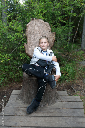Boy resting on stump chair photo