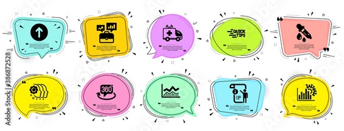 Science icons set. Speech bubble offer banners. Vector coupon badge. Included icon as Trade infochart, Education, Swipe up signs. Employees teamwork, Coronavirus statistics, 360 degree symbols. Vector