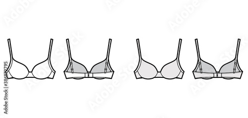Bra contour molded cup lingerie technical fashion illustration with adjustable shoulder straps, hook-and-eye closure. Flat brassiere front back white color style. Women men unisex underwear CAD mockup