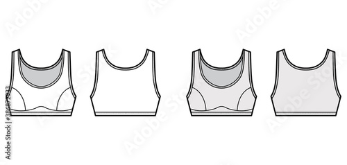 Sport Bra lingerie top technical fashion illustration with wide shoulder straps. Flat brassiere template front, back white, grey color style. Women men unisex athletic stretch underwear CAD mockup