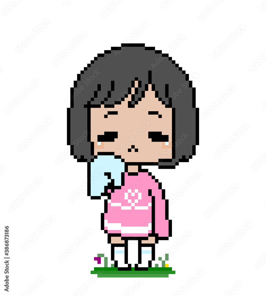 Pixel image of anime girl being sad. vector illustration