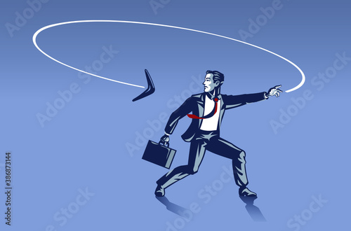 Businessman Surprised as Boomerang He Throws Goes back to Him from Behind . Business Illustration Concept of Consequences and Karma behind Every Step We Make