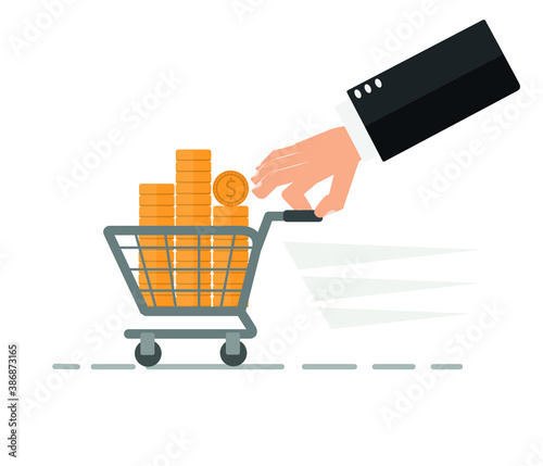 Businessman in financial market his shopping cart is full of money.
