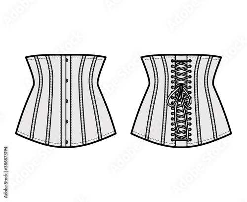 Waist cincher back laced longline corsetry lingerie technical fashion illustration with bones. Flat belt template front, back grey color style. Women men unisex underwear CAD mockup
