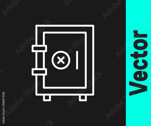 White line Safe icon isolated on black background. The door safe a bank vault with a combination lock. Reliable Data Protection. Vector.