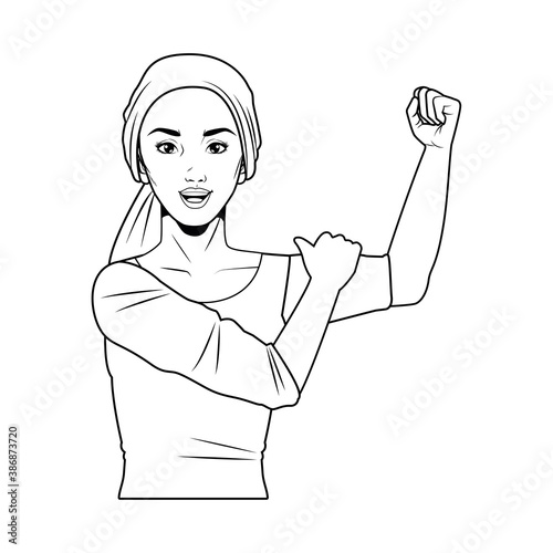 cute young strong woman wearing head scarf pop art line style