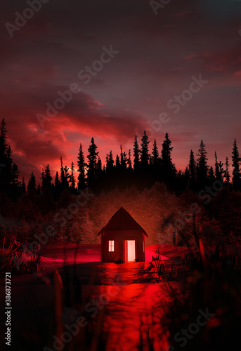 Fototapeta A creepy glowing red abandoned cabin isolated in the middle of a mysterious and spooky forest