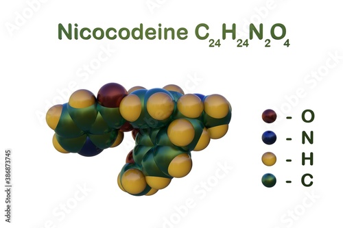 Structural chemical formula and space-filling molecular model of nicocodeine or nicocodine, an opioid analgesic and cough suppressant related to codeine. 3d illustration photo