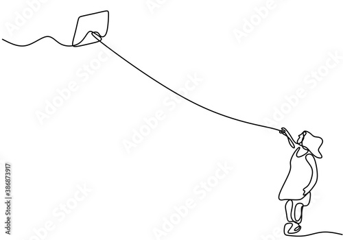 One single line drawing of young man playing a kite. Happy young energetic male playing to fly kite up into the sky at outdoor field. Freedom and passion creative theme. Minimalist design