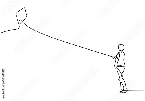 One single line drawing of young man playing a kite. Happy young energetic male playing to fly kite up into the sky at outdoor field. Freedom and passion creative theme. Minimalist design
