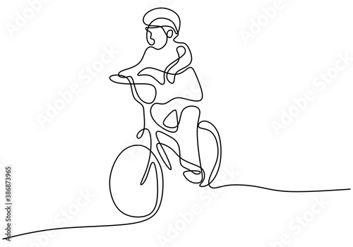 Continuous single drawn one line child on a bicycle. Little boy riding his bicycle at public park isolated on white background. Character happy childhood hand drawn picture silhouette