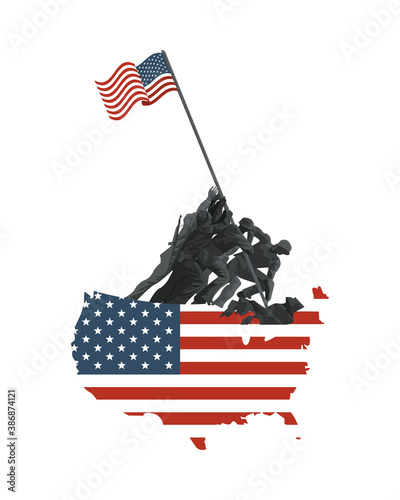 soldiers lifting united states of america flag in map