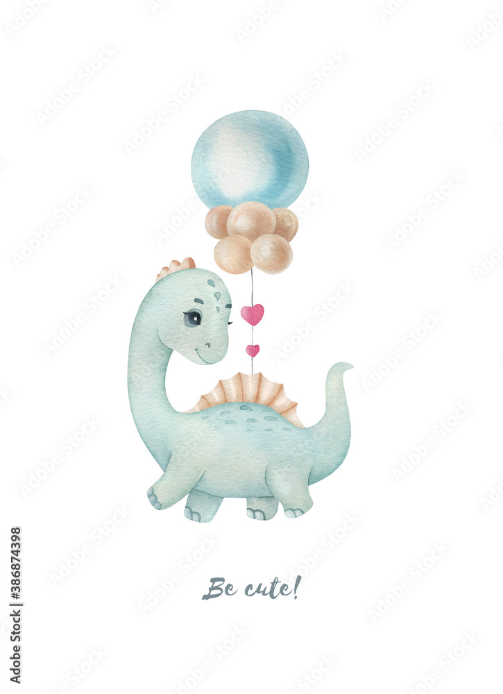 Be cute! Little dinosaur with balloons on the light background. Watercolor cartoon kids illustration. Ideal for invitation, poster, home decor, packaging design, print.