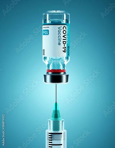 SARS - CoV2 Vaccine concept. A medical needle entering into a glass vial of COVID-19 Vaccine. Medical research 3D illustration. photo