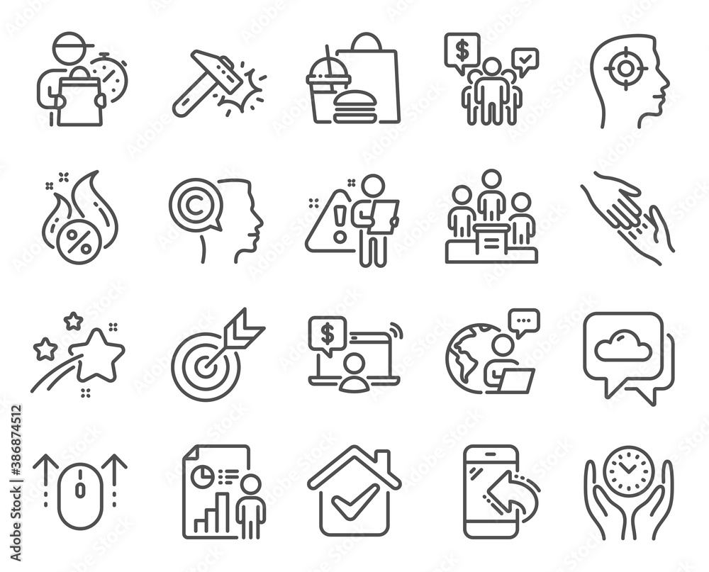 Business icons set. Included icon as Online shopping, Target, Weather forecast signs. Business report, Teamwork, Recruitment symbols. Helping hand, Business podium, Incoming call. Swipe up. Vector