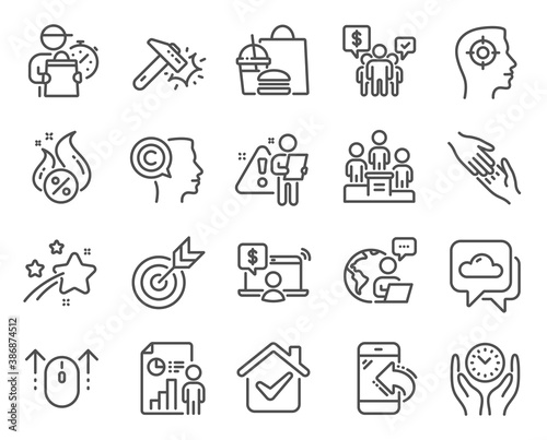 Business icons set. Included icon as Online shopping, Target, Weather forecast signs. Business report, Teamwork, Recruitment symbols. Helping hand, Business podium, Incoming call. Swipe up. Vector