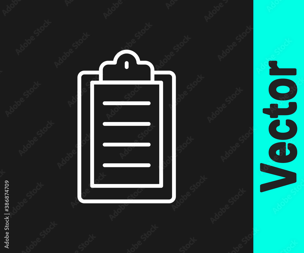 White line Sport training program or fitness plan icon isolated on black background. Vector. White line Sport training program or fitness plan icon isolated on black background. Vector.